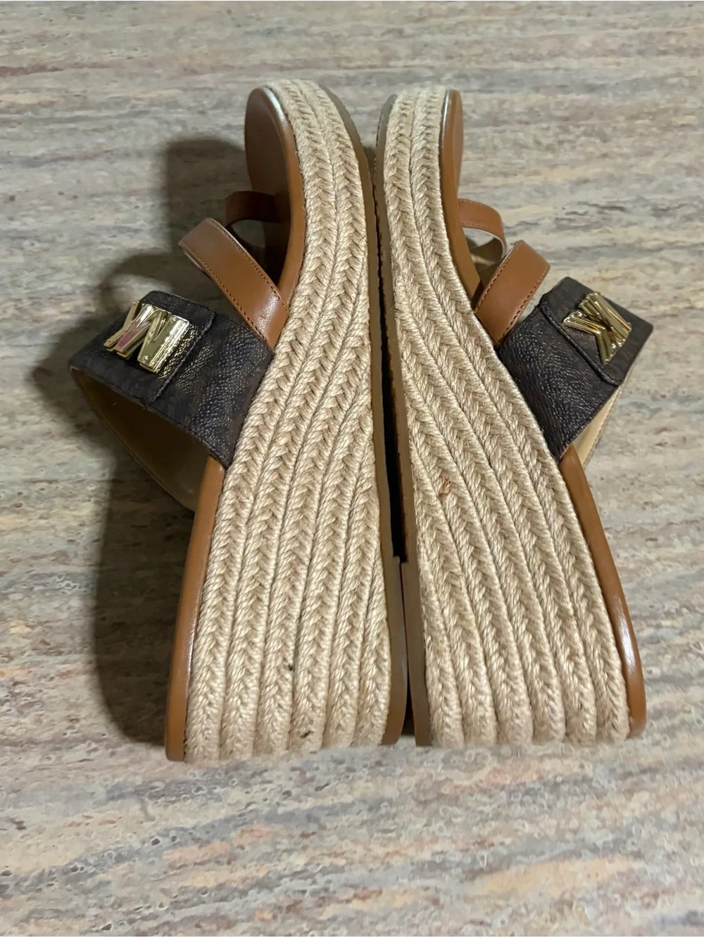Michael Kors Tan & Brown Leather Logo Espadrille Wedge Sandals with Gold Accents
